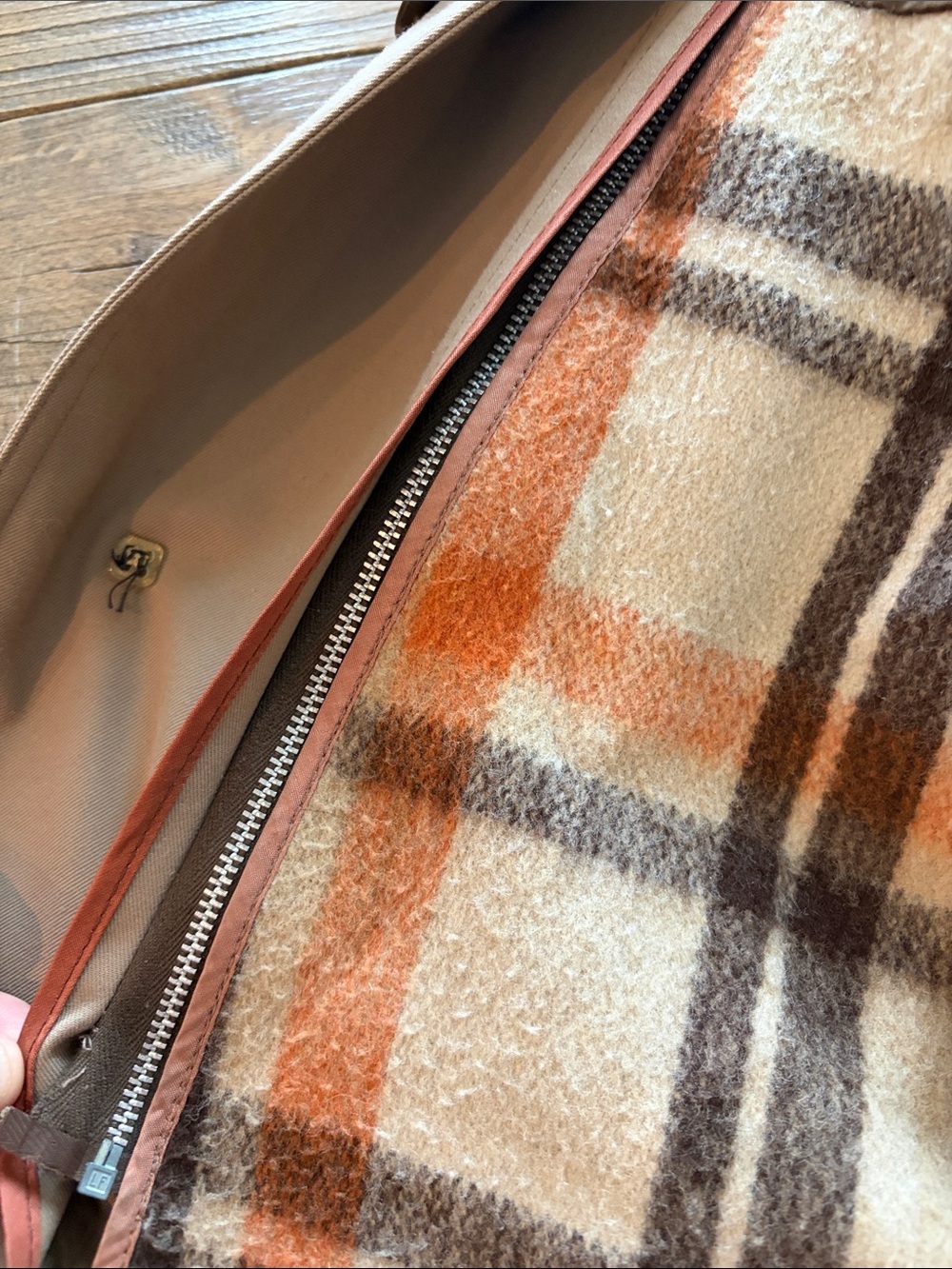 Vintage Wool Blend Coat with orange Trim and Plaid Interior - Picture 4 of 10